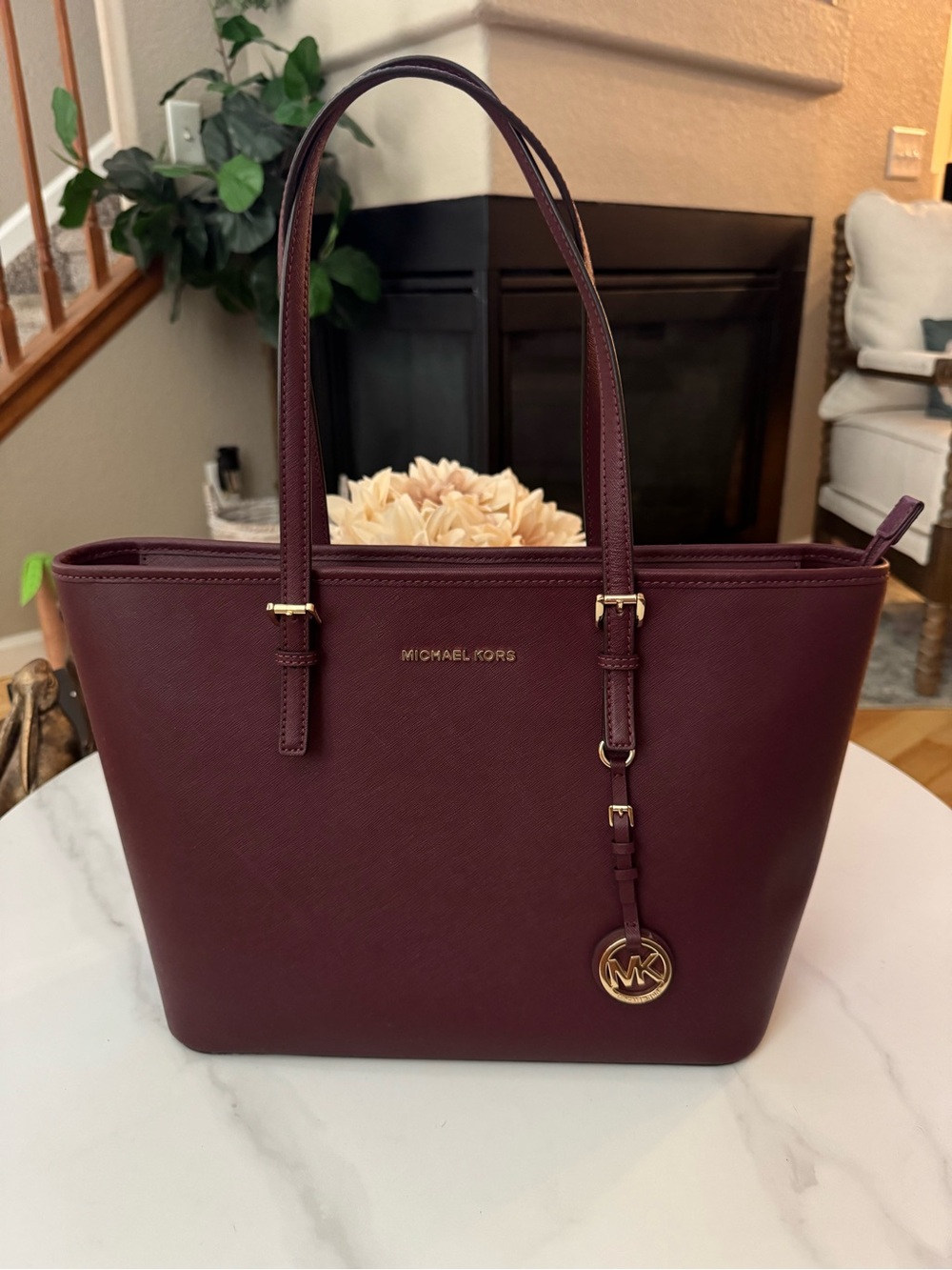 Michael Kors Jet Set Merlot Saffiano Leather Tote with Gold Hardware